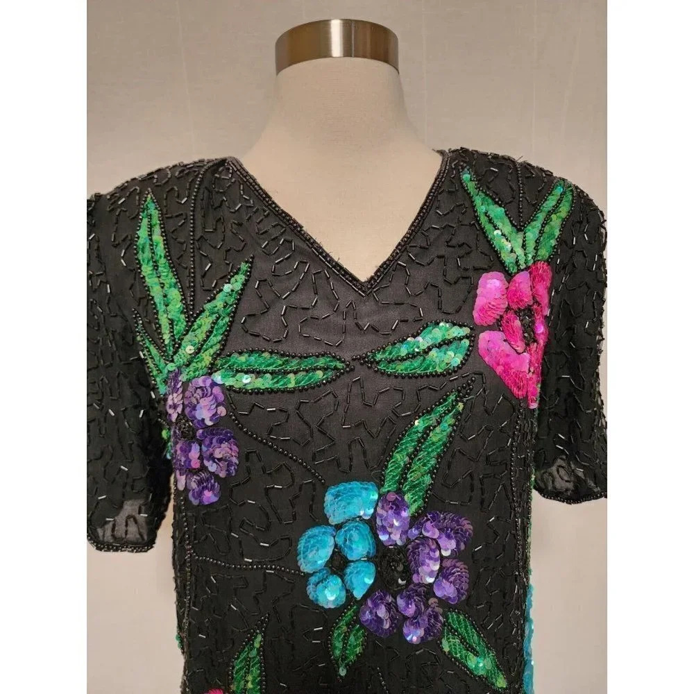 Womens 90s Vintage Stenay Fully Sequin Beaded‎ Blouse Size Small Flowers Black - Picture 6 of 8